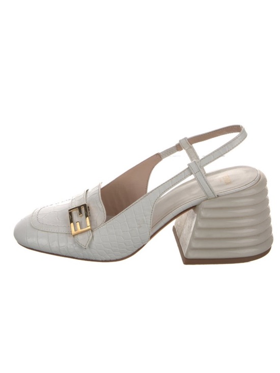Fendi Shoes - Fendi White Croc-Embossed Slingback Block Heel Loafer with Gold Buckle